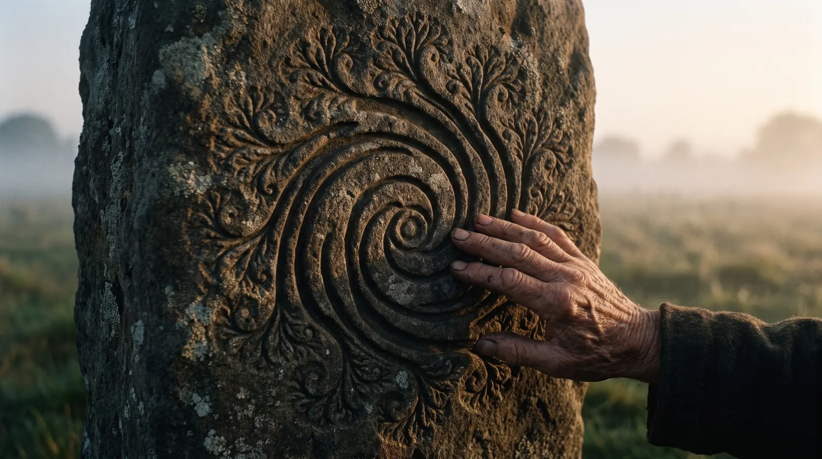 The spiral carved into a Neolithic standing stone at dawn