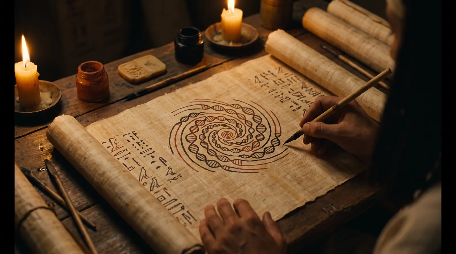 A scribe's reed pen finishing the spiral on papyrus