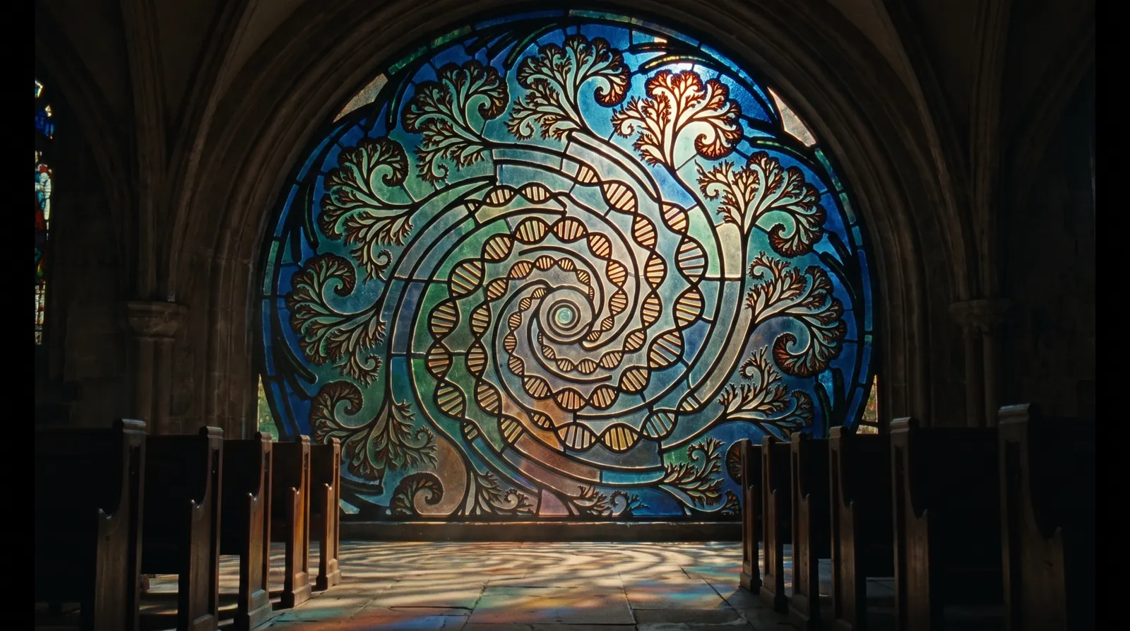 A cathedral rose window whose leading forms the spiral