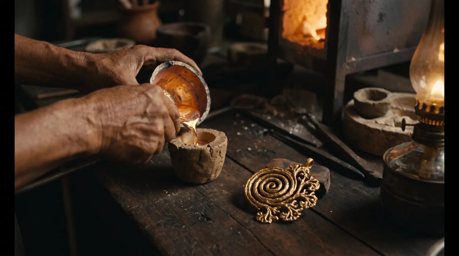 A goldsmith pours molten gold into a mould shaped like the emblem