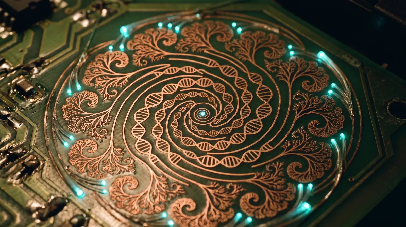 Copper circuit traces in the shape of the emblem ending in optical fibre