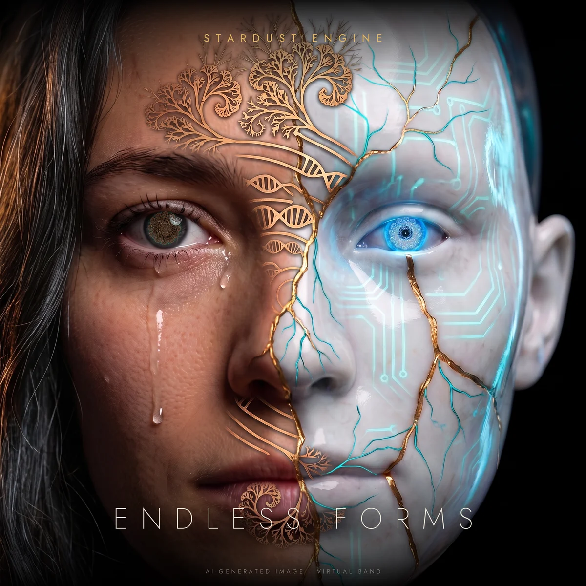 Endless Forms album cover: a face split between a woman and a porcelain machine, the tree of life in gold on the seam